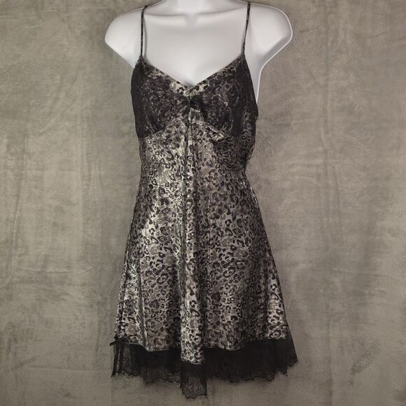 Ambrielle Cheetah Leopard Satin Slip Dress Lace Trim Babydoll Y2K Sz Med - Picture 1 of 11